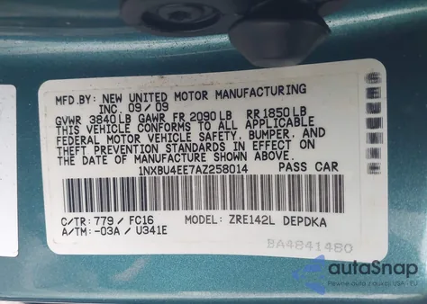 2010 Toyota Corolla Le from USA, damaged, VIN 1NXBU4EE7AZ258014